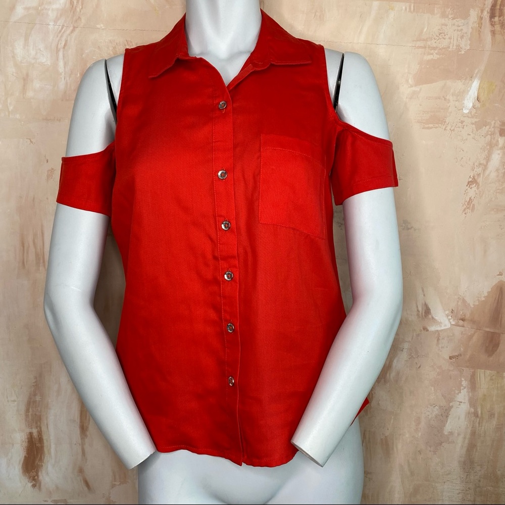 Small Guess Cold Shoulder Button Down Top